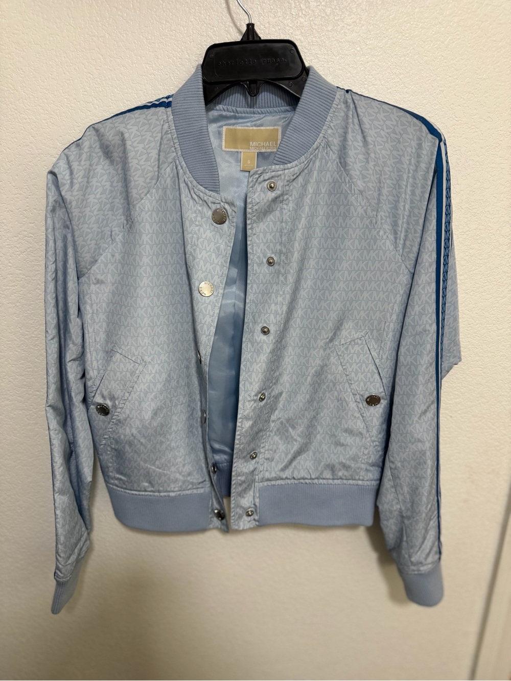 Michael Kors Pale Blue Logo-Print Bomber Jacket with Navy Stripe